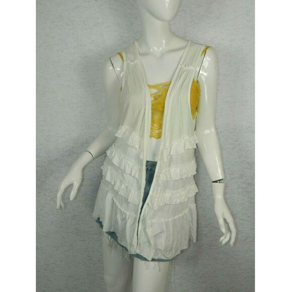 Pol Clothing Cardigan White Open Front Sleeveless Ruffle Cotton - Picture 7 of 7
